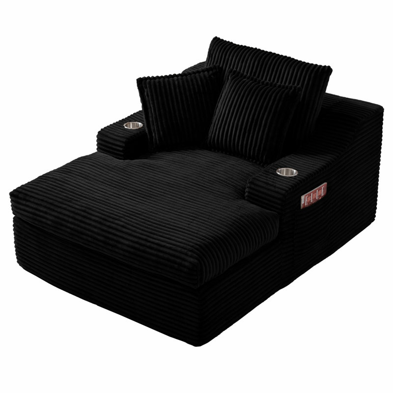 Chaise longue, méridienne rembourrée avec porte-gobelets et 3 coussins, Black