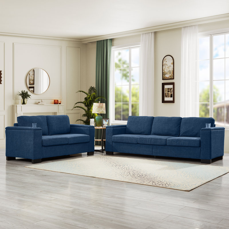 Ensemble de canapé 2 pièces 2 + 3 places avec accoudoirs carrés Roomfitter, canapé en tissu avec porte-gobelet et rangement pour le salon, bleu