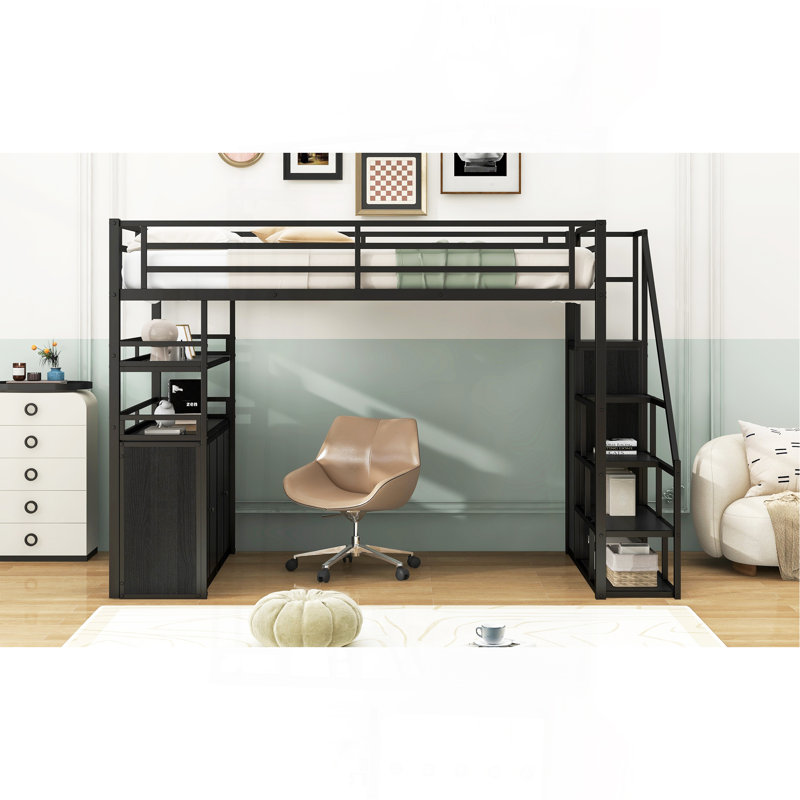 Lit mezzanine double en métal avec escalier de rangement et garde-robe, Noir, noir, noir, noir