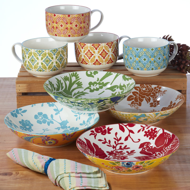 Colorful Ceramic Bohemian Floral 14oz Mug Set of 6