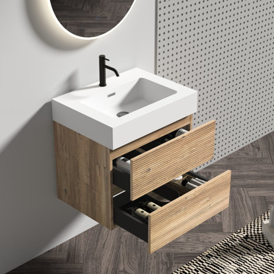 Meuble-lavabo de salle de bain de style Mid-Century moderne, style chêne brut, lavabo blanc, tiroirs silencieux, finition à base d'eau de qualité E0, drainage en forme de U, panneau de grille flottant mural d'une capacité de 330 lb, fermeture en douceur E1