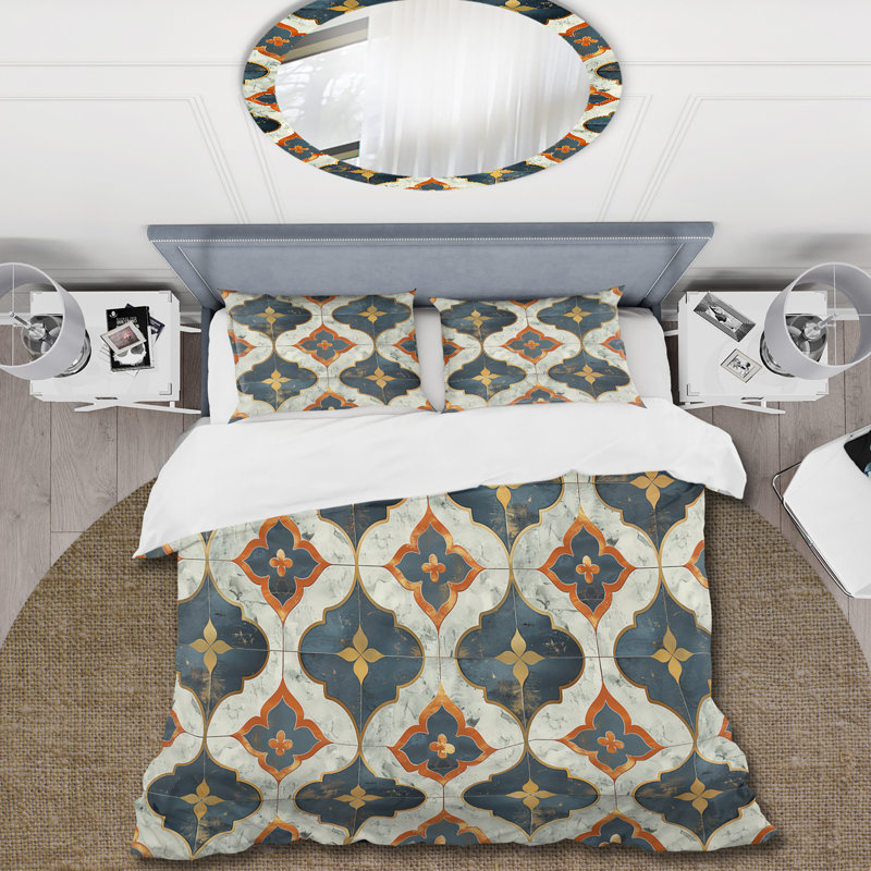 Blue and Gold Rustic Tile I - Ensemble de housse de couette Farmhouse, Housse de couette très grand + 2 taies décorativ