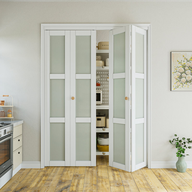 Portes pliantes classiques pliables en verre trempé givré 3-Lite avec trousse de quincaillerie d'installation, 60 po x 80 po