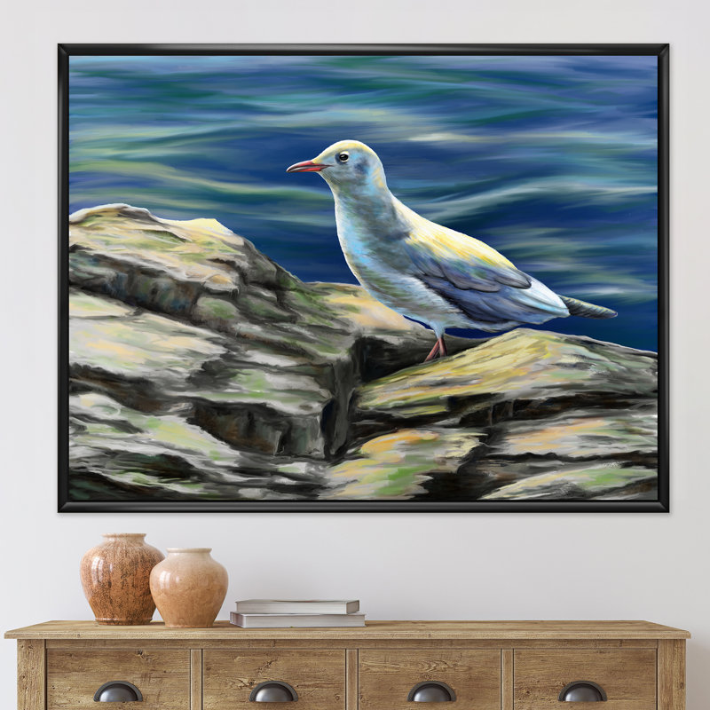 Oiseaux mouettes au bord de la mer - Peinture sur toile, H 16 po x l 32 po x p 1 po, Cadre noir