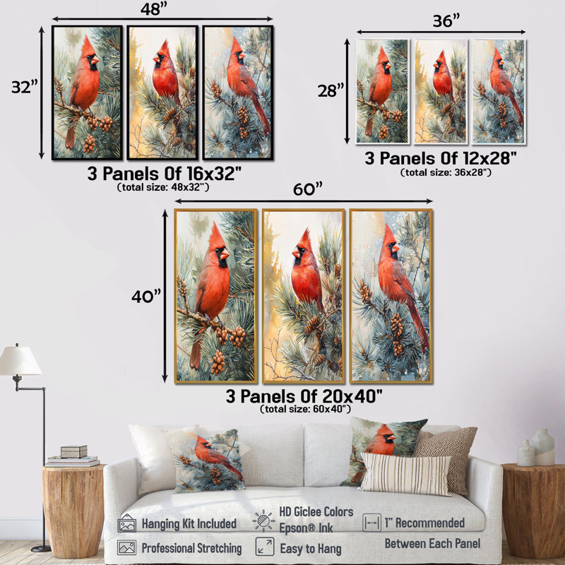 Oiseau cardinal parmi les pins I - Collection moderne de reproductions sur toile, Noir, H 32 po x l 48 po