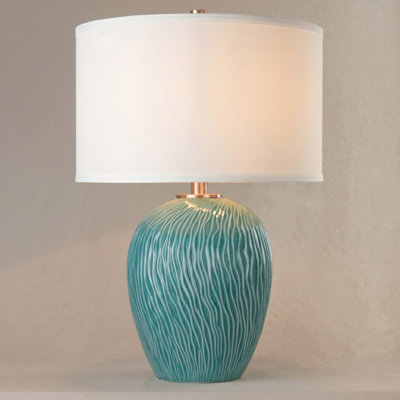Lampe de table en céramique sarcelle 22 po, table de chevet moderne avec abat-jour en lin