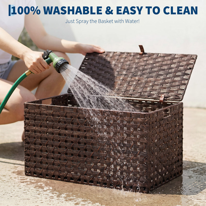 Panier de rangement en osier 160L avec couvercle, grande boîte à couvertures en rotin pour placard à linge, Brun