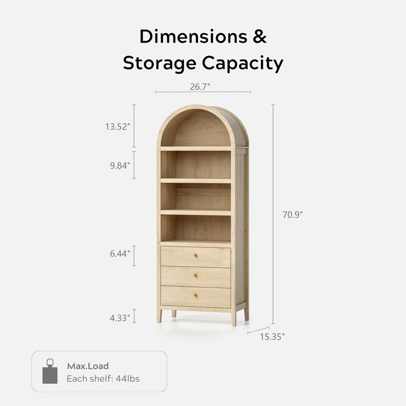 Bookcase Storage Display Cabinet With 3 Drawers And Shelves, Light Oak