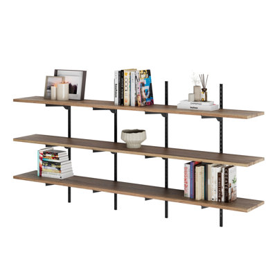 72" X 10" Long Floating Shelf With Adjustable Brackets, Wall Bookshelf For Living Room And Home Organization, Office Supplies Shelf, Multi Tier Wooden Shelf, Farmhouse & Boho Decor, Wall Mounted, 3 Tier,  Burnt