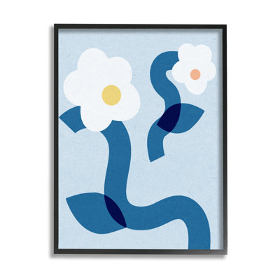Abstrait blanc à motif floral pop avec tiges courbées bleues surdimensionnées encadrées par Giclée par Daphne Polselli