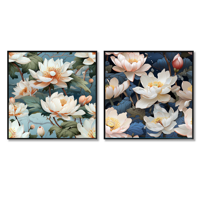 Workington - Ensemble de 2 collages carrés floraux, Cadre flottant noir, H 16 po x l 33 po