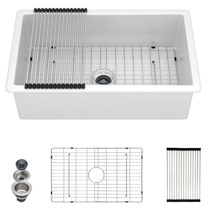 32" L x 19" W Fireclay Drop-In/Undermount Kitchen Sink Single Bowl Sink with Basket Strainer and Sink Grid, Silver