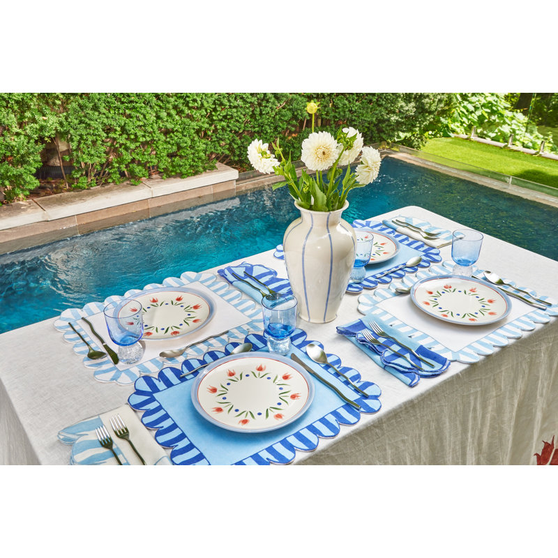 Jardin Embroidered Linen Scalloped Stripe Napkins, Blue/White