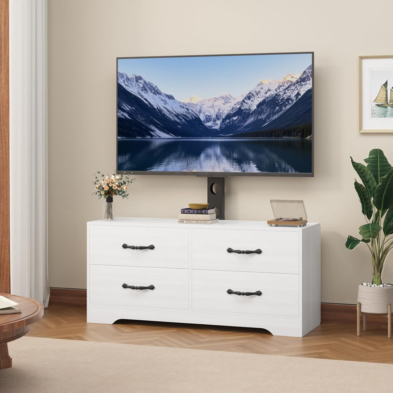 Meuble télé avec support pour téléviseur de 32 à 75 po, console média moderne avec 4 grands tiroirs, commode blanche avec rangement pour le salon et la chambre à coucher