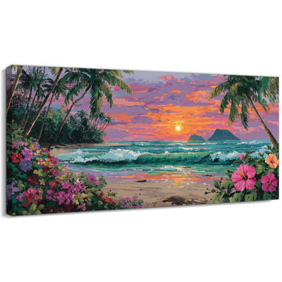  Art mural sur toile Tropical Sunset, décor de plage côtière pour le salon ou la chambre à coucher, œuvre d'art tendue avec châssis, prête à être suspendue, 20 po x 40 po