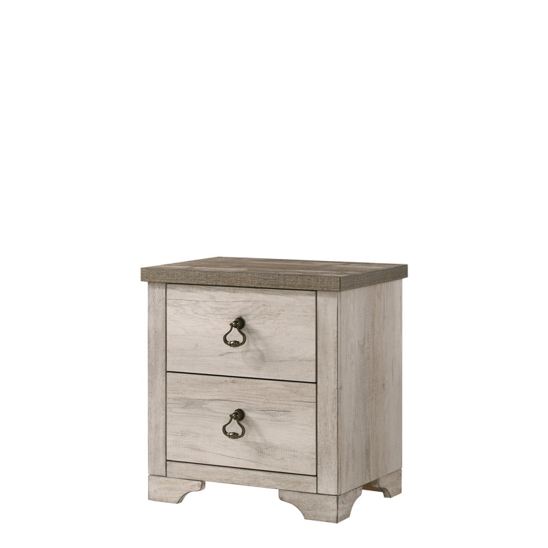 Table de chevet 1 pièce, 2 tiroirs, finition brune patinée, style contemporain, poignée traditionnelle à anneau, plateau en bois flotté vieilli, H 23,6 po x 16 po x 25 po