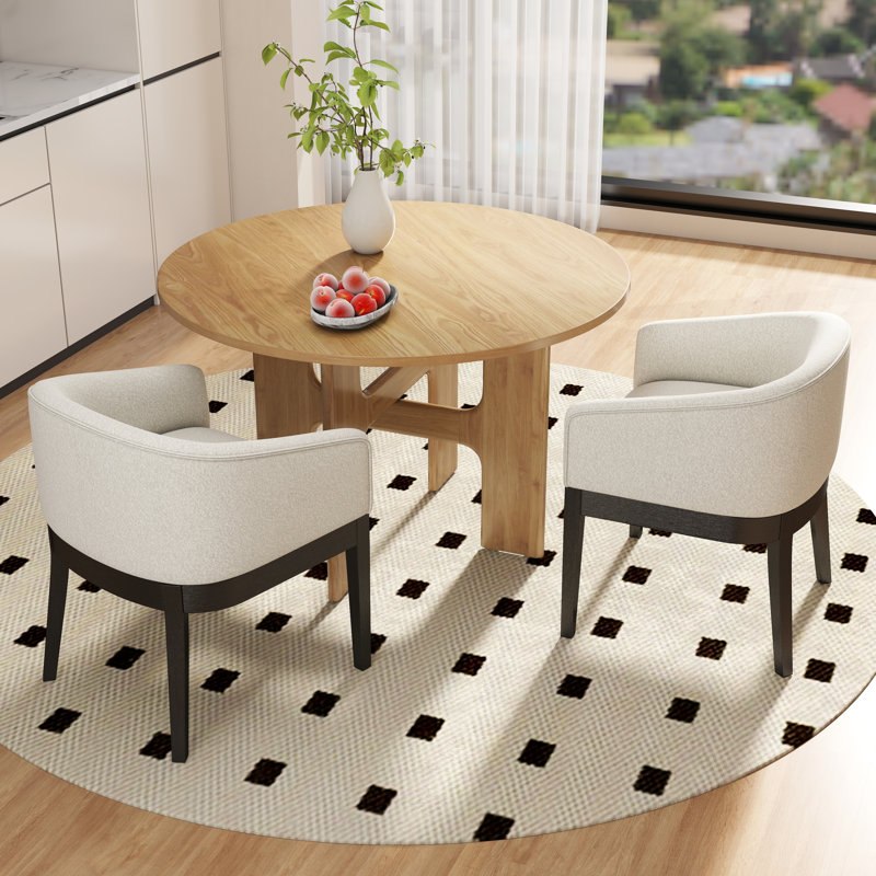 Modern Farmhouse 5-Piece Round Dining Set - Solid Wood Table With X-Base & Upholstered Bucket Chairs, Natural, White/Black
