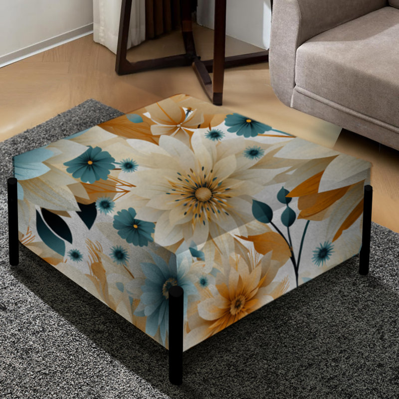 Blue And Beige Geometric Floral Fusion Elegance II - Floral Large Square Ottoman