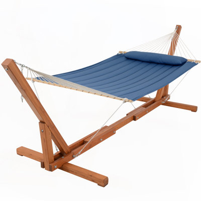 Quilted Double 2-Person Hammock With 12-14 Foot Adjustable Wooden Hammock Stand
