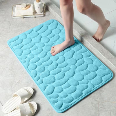 Bathroom Mat Coral Fleece 1 Piece Bathroom Floor Mat Blue 3D Embossed Pebble Anti-Slip Quick-Drying