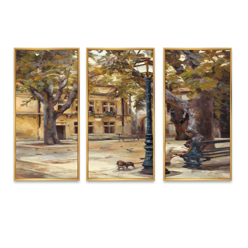 Provence French Village II - ensemble d'art mural sur toile encadré traditionnel de 3, H 20 po x l 36 po x P 1 po, Cadre doré