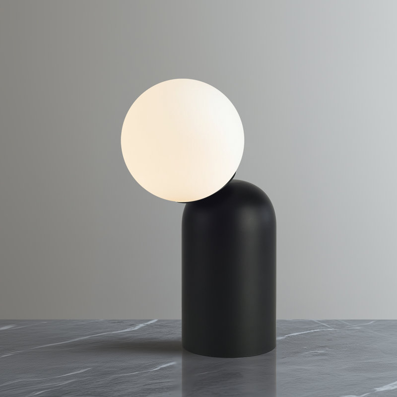 Lampe de table art déco 12,6 "avec base noire et abat-jour en verre de lune