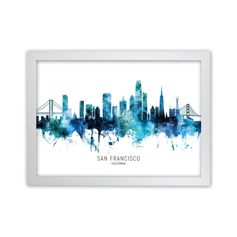 San Francisco California Skyline Blue City Name by Michael Tompsett - Print, White Framed, 25cm H x 34cm W x 3cm D