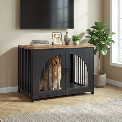 Dog Crate Furniture, Indoor Dog Kennel with Lock & Arched Door