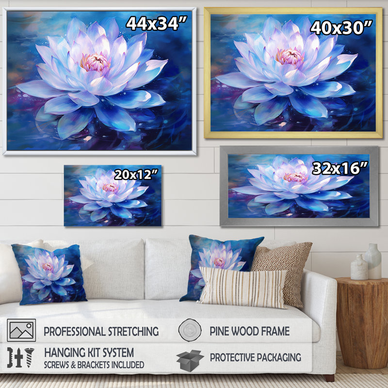 «Blue Pink Blue Pink Lotus Pond», reproduction sur toile florale, H 30 po x l 40 po x P 1,5 po, Cadre flottant blanc