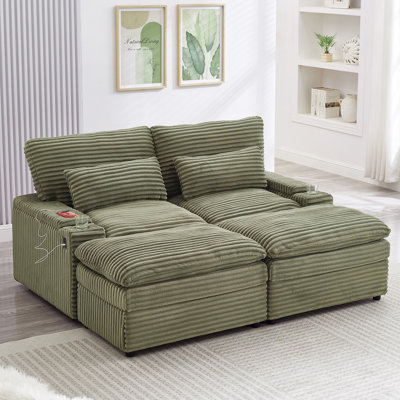 Roomfitters 70.9-Inch Loveseat Sofa, Convertible Sectional Sofa Bed with Storage, 2 Movable Ottomans, 4 USB Ports and 2 Cup Holders, Green