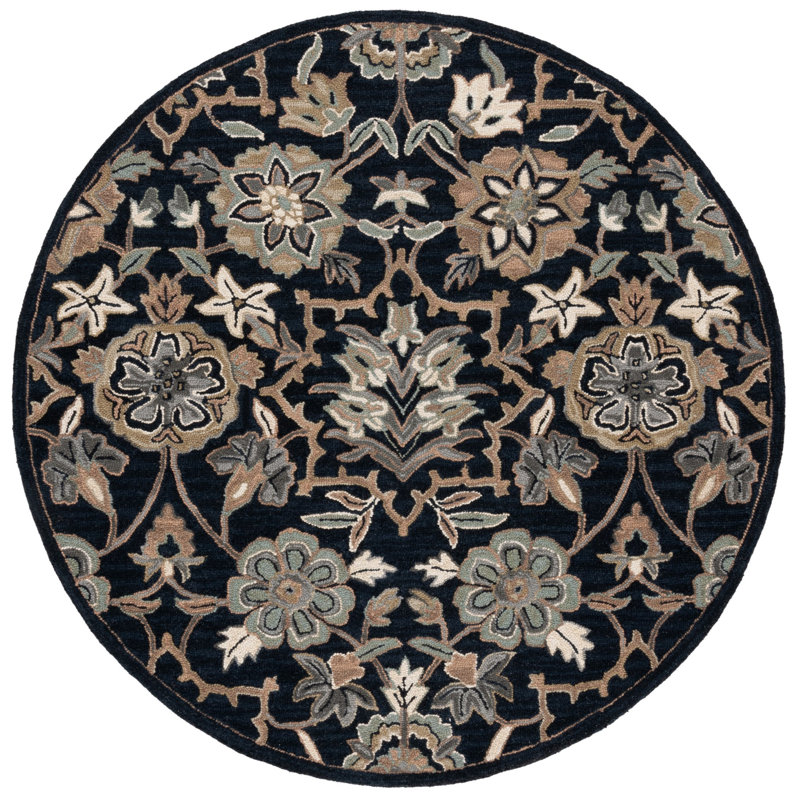 Bijal Hand Tufted Wool Cotton Floral Rug in Beige/Black, Round 4'