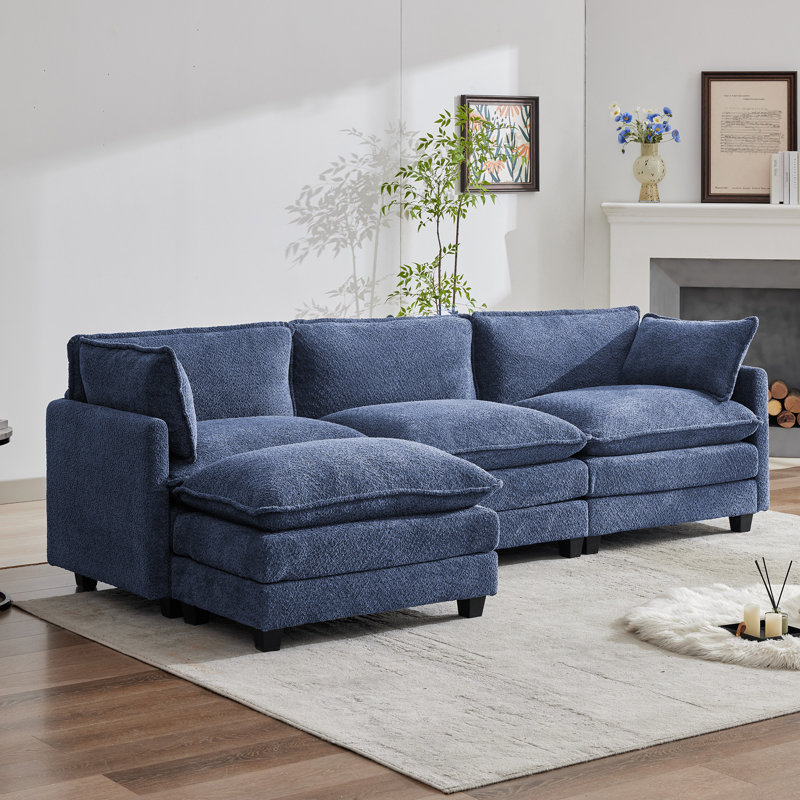 Redenius L-Shape Boucle Upholstered Sectional Sofa With Armrest, Navy Boucle