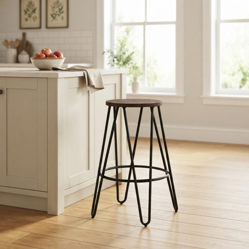 Tabouret de bar industriel en bois d'orme massif de 61 cm (24 po), tabouret rond à hauteur de comptoir avec pieds en épingle à cheveux en fer noir, pour la cuisine et le bar à domicile, brun cacao