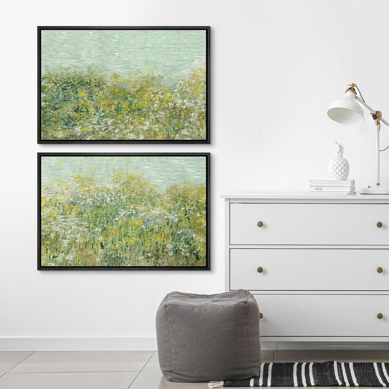 "Fleurs sauvages vertes au bord du lac" 2 pièces, Cadre noir, H 16 po x l 24 po