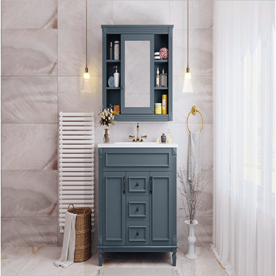 Meuble-lavabo 36 po avec lavabo supérieur, armoire à miroir bleu royal, armoire de rangement moderne avec 2 portes à fermeture douce et 2 tiroirs, meuble-lavabo simple