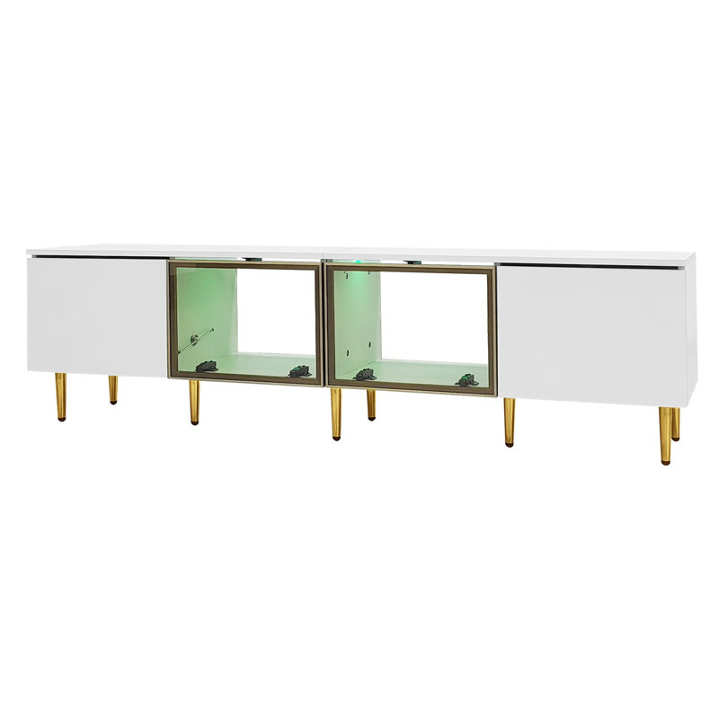 Meuble télé blanc et naturel avec bande lumineuse changeant de couleur