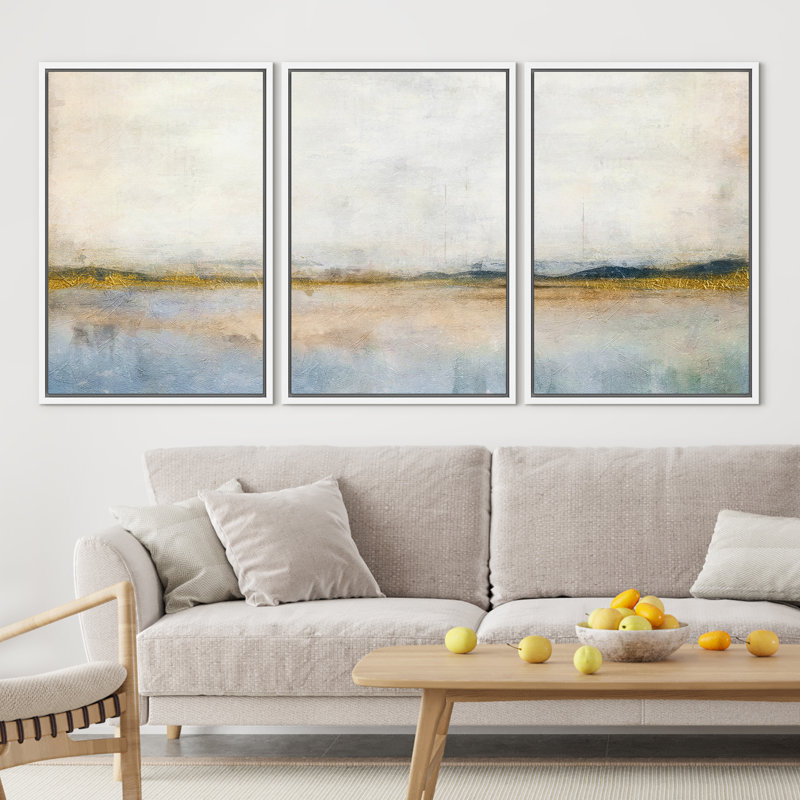 Blue Abstract Landscape Organic Modern Chic Decor Wall Art Framed On Canvas 3 Pieces Painting Print, 36" H x 72" W x 1.5" D