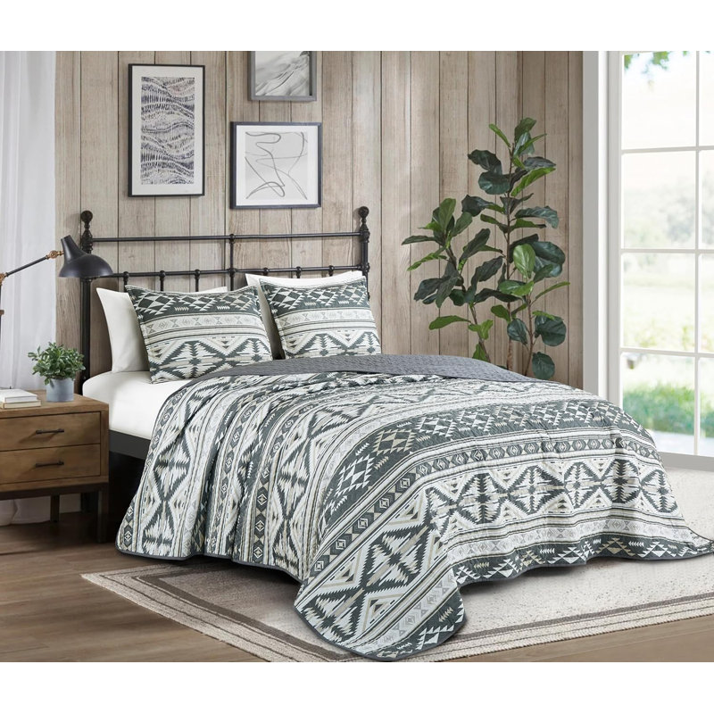 King White and Gray Southwestern Geometric Microfiber Quilt Set