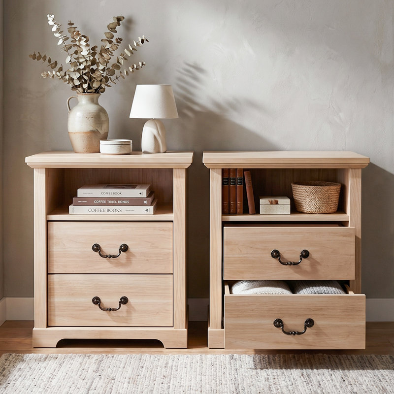 Table de chevet rustique de 22 po avec 2 tiroirs et tablette ouverte, poignées en métal, options multicolores, Beige