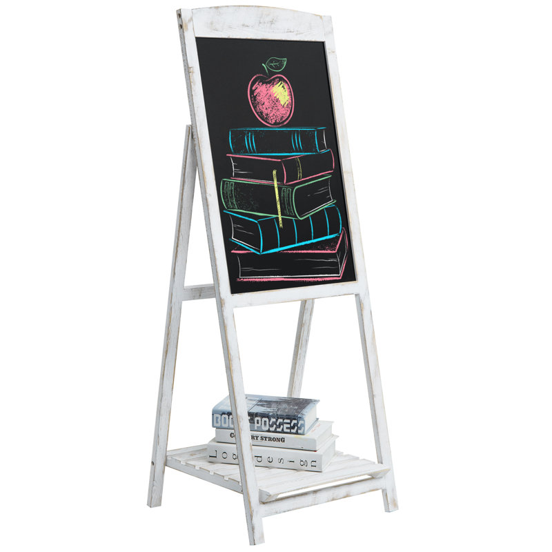 Shabby Whitewashed Wood Chalkboard Sign – 45" A-Frame Freestanding Display with Storage Shelf