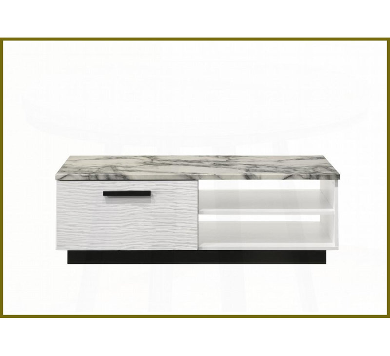Table basse 47 po en faux marbre blanc - rangement de tiroir et amp; Base noire pour salon moderne
