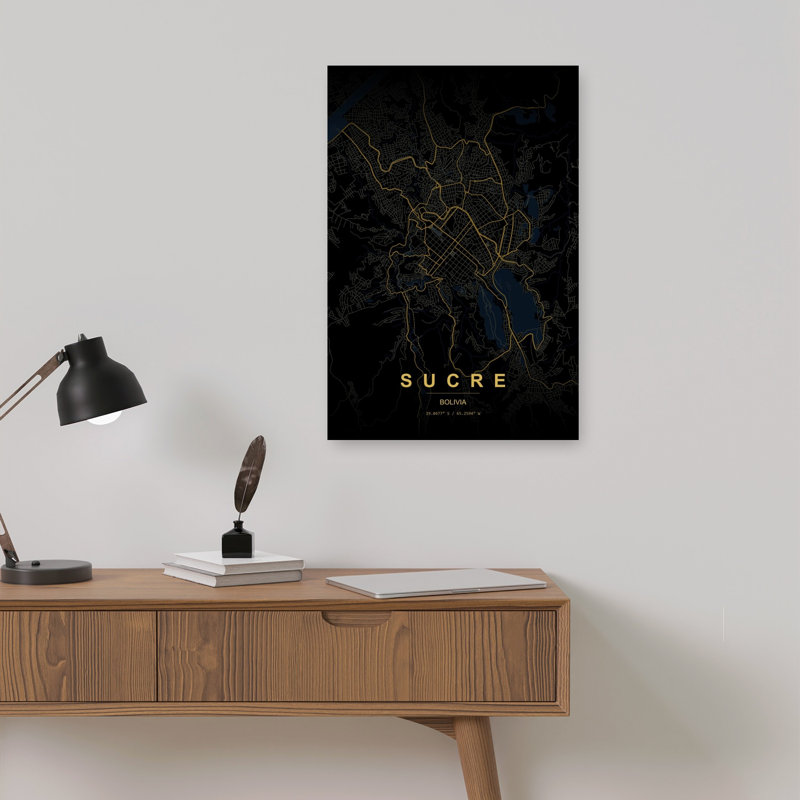 Sucre Bolivia Map Geometric Minimalist Modern City Wall Art Print 1 Piece Wrapped Canvas Wall Art, 45.72cm H x 30.48cm W