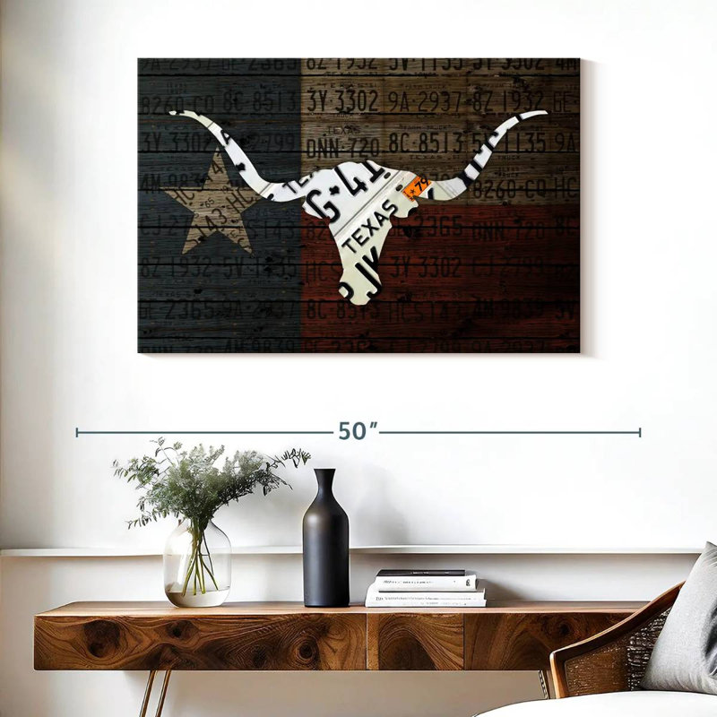 Art de Longhorn avec drapeau, H 26 po x l 39 po