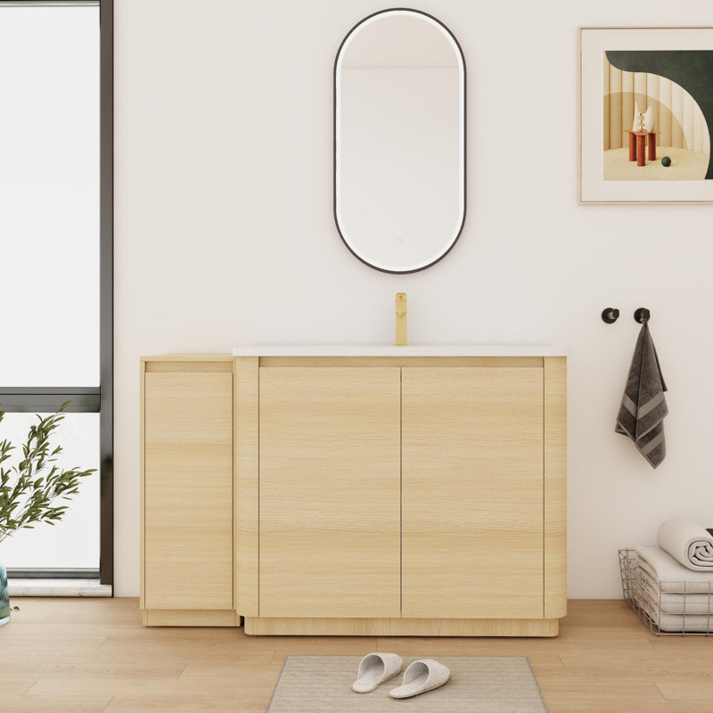 Meuble-lavabo autoportant 52 po avec plateau en céramique, armoire de rangement et tablettes 52 po, Beige, 52"