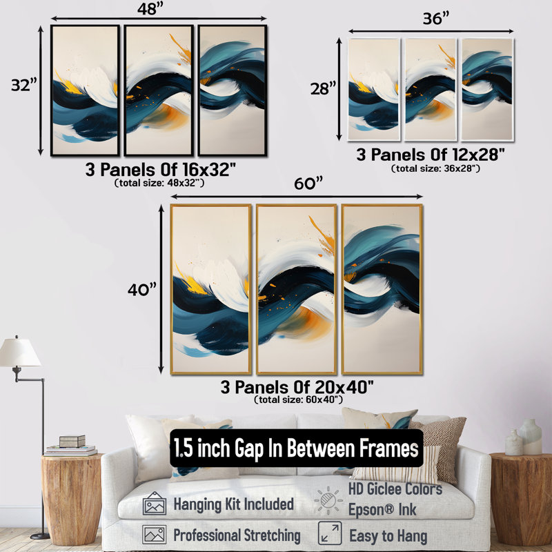 Racines et reflets des vagues abstraites II - art abstrait spirales murales - ensemble de 3, H 28 po x l 36 po, Noir