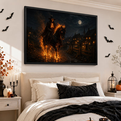 Fiery Skeleton Rider On Black Horse In Moonlit Halloween Canvas Wall Art