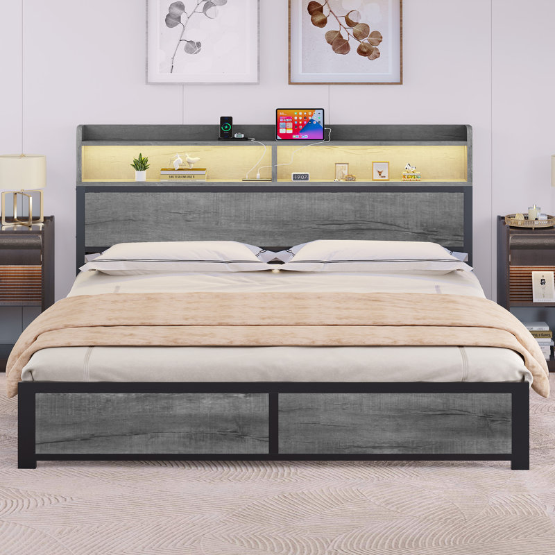 Kingsize Bed Frame with LED Headboard, Metal Platform Bed Frame with USB Ports&Charging Outlets, 2 Tiers Storage Shelves