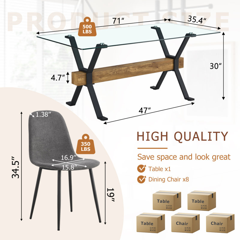 9-Piece Glass Top Dining Table Sets, Gray/Black