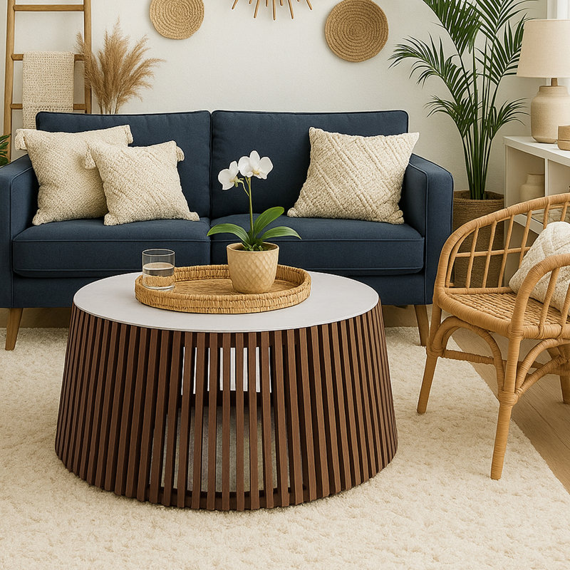 Kialee Wood Round Coffee Table with Marble Top
