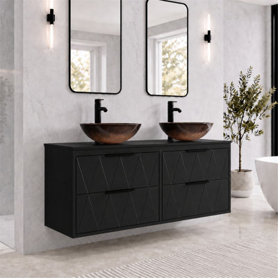 Ensemble de meuble-lavabo double mural 48 po avec vasques artistiques, peint à la main, 4 tiroirs à fermeture douce